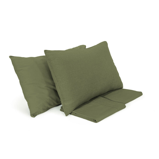 Completo Lenzuola Cotone e Lino StoneWashed No Stiro - Loira Lenzuola Lisola Singola Verde (Bosco)