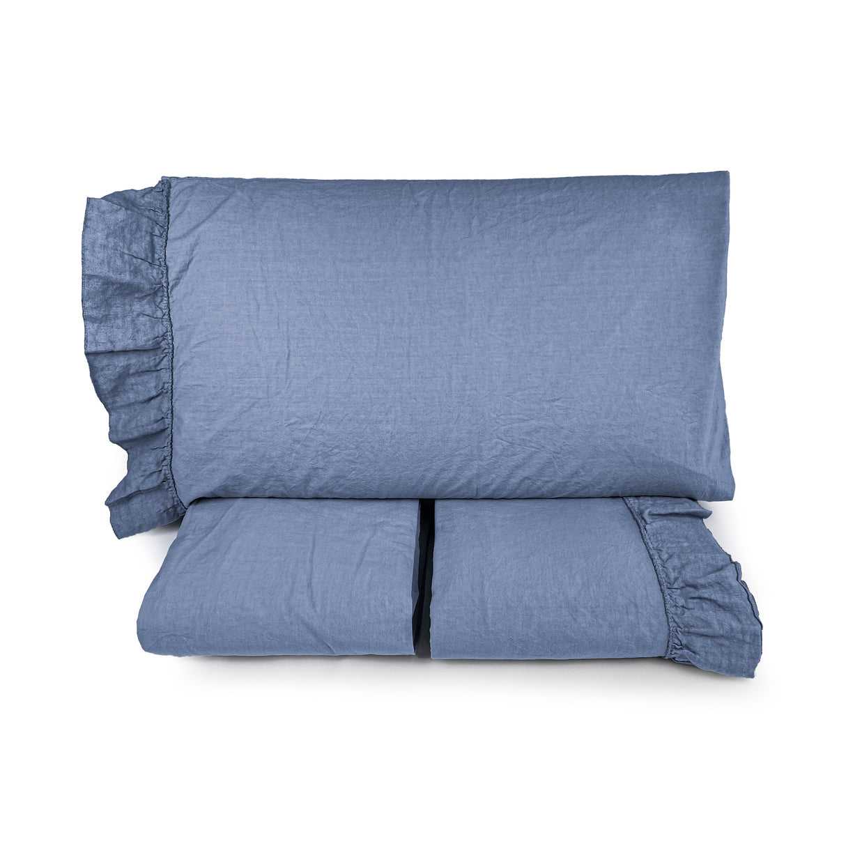Completo Lenzuola in Cotone StoneWash con Balza in lino - Florida Lenzuola Lisola Matrimoniale Blu
