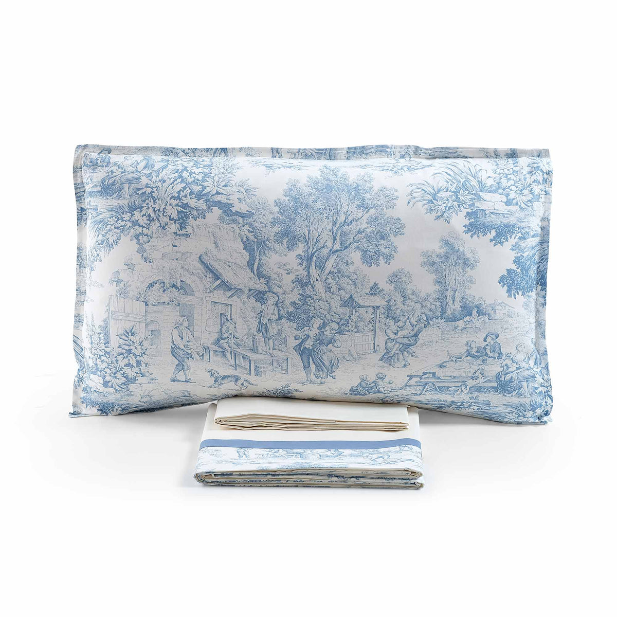 Completo Lenzuola in Percalle di Cotone Stampato - Jouy Lenzuola Lisola Matrimoniale Blu