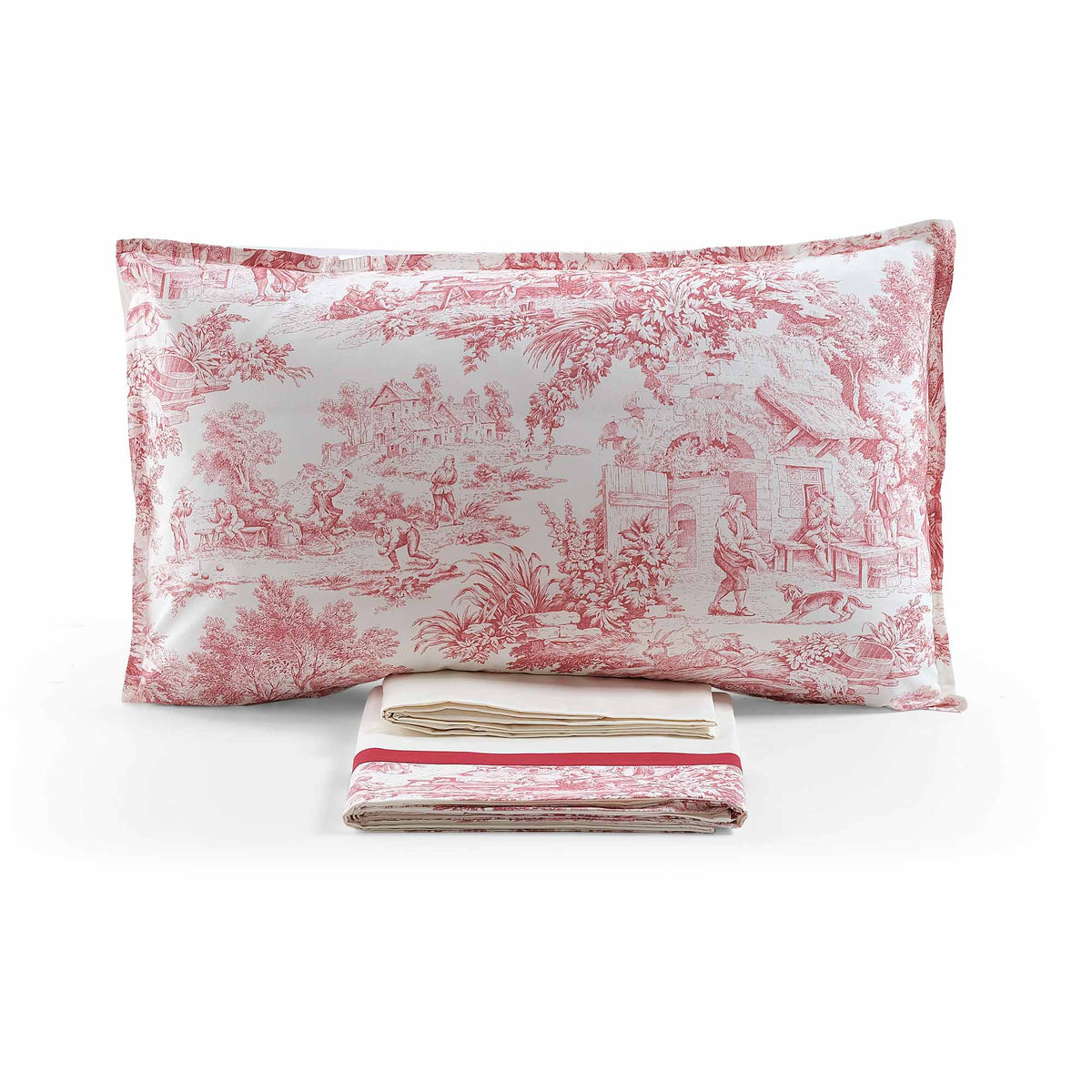 Completo Lenzuola in Percalle di Cotone Stampato - Jouy Lenzuola Lisola Matrimoniale Rosso