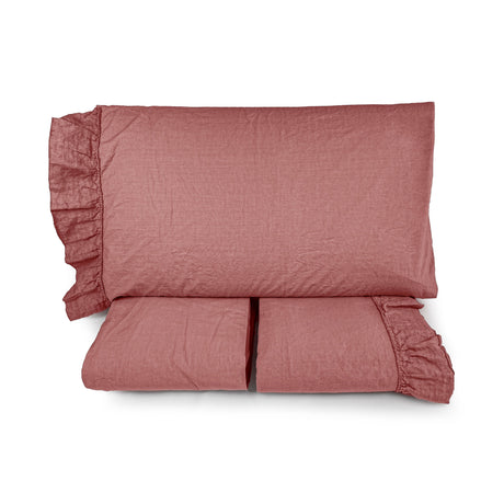 Completo Lenzuola in Cotone StoneWash con Balza in lino - Florida Lenzuola Lisola Matrimoniale Rosa Antico 