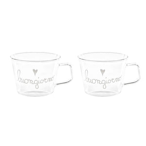 Set 2 Tazze in Vetro Borosilicato Serigrafate - Buongiorno tazze Simple Day Bianco 